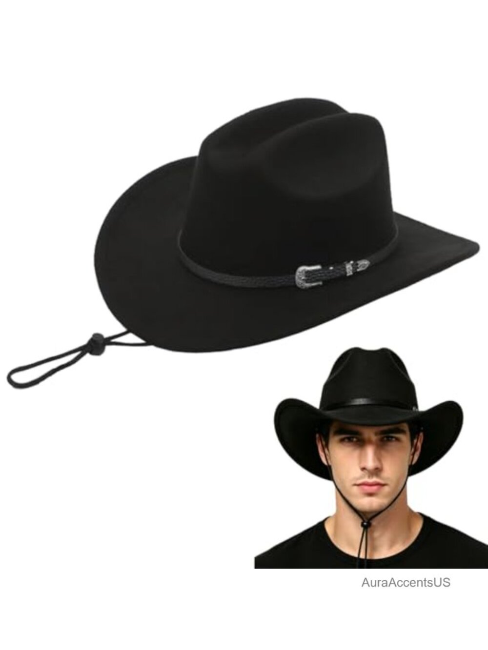 Felt Cowboy Hat with Buckle Belt Windproof Cord Unisex Western Rodeo